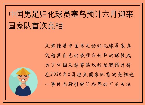 中国男足归化球员塞鸟预计六月迎来国家队首次亮相